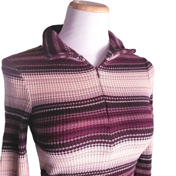 BDG Bunny Striped Thermal Waffle Knit Quarter Zip Long Sleeve Crop Top Purple M - Picture 5 of 12